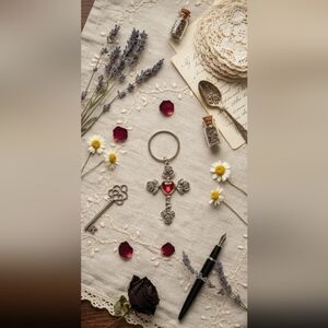 Silver Tone Cross Heart Charm Keychain Vintage Style